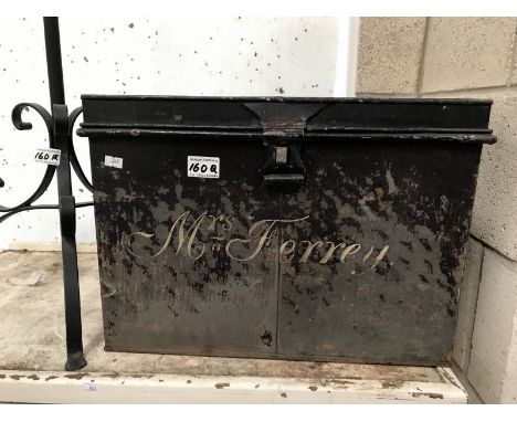 A tin trunk with name 'Mrs Ferrey'