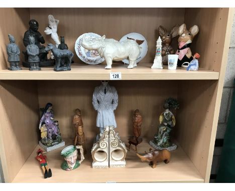 2 shelves of assorted ceramic, wooden and resin figures including Capodimonte
