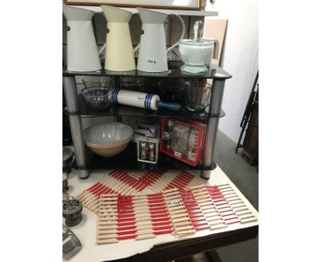 3 shelves of kitchenalia including Sadler rolling pin
