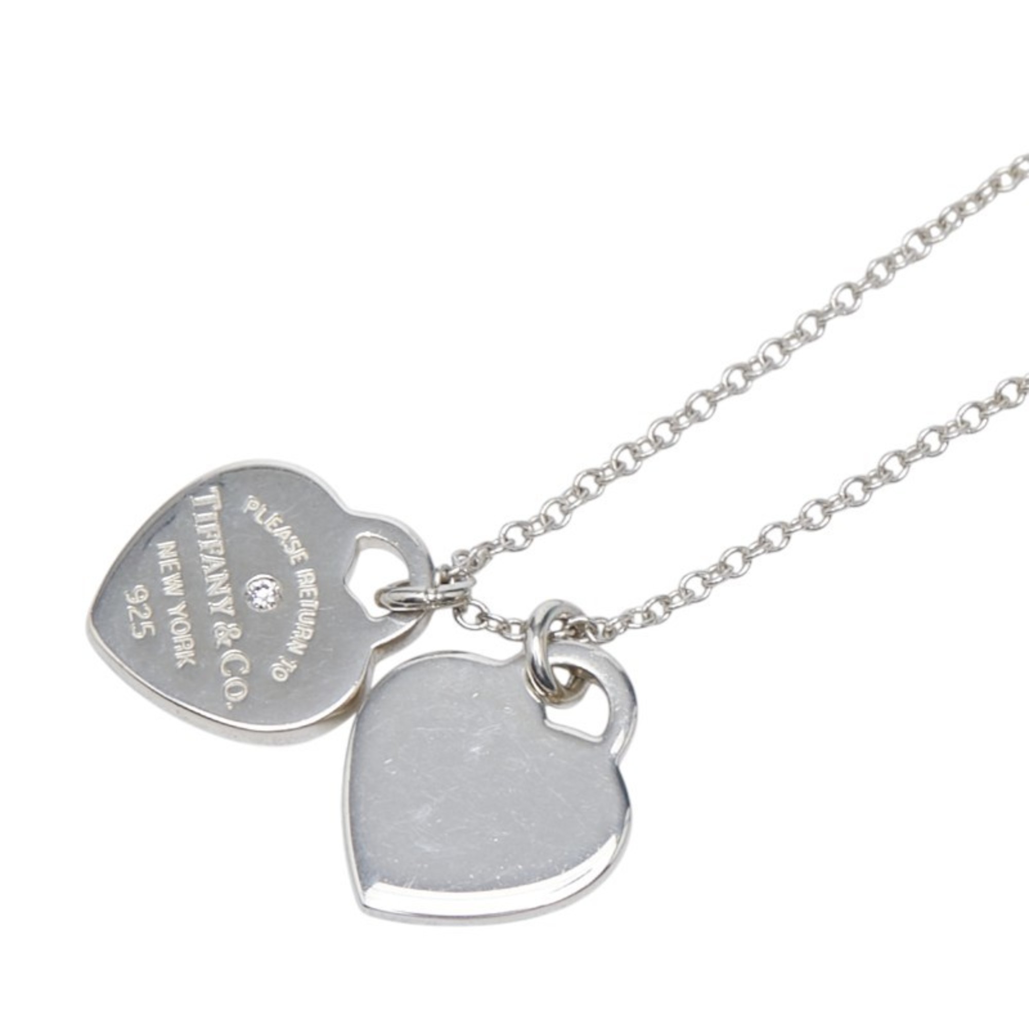 Tiffany Return to Double Heart Tag with 1 Diamond Necklace in 925 Sterling Silver for Women. TIFFANY