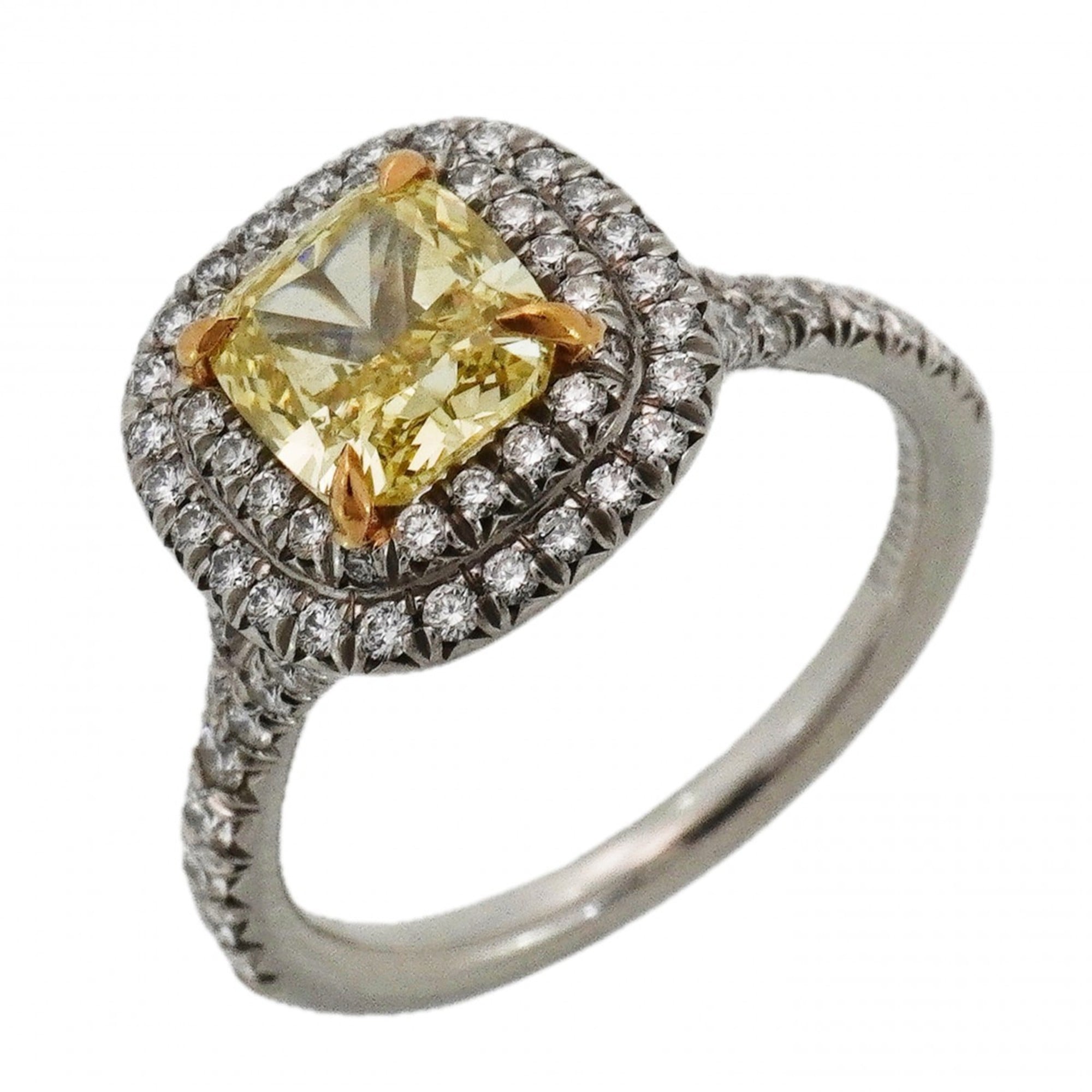 Tiffany & Co. Soleste Cushion Cut Ring, 18K Yellow Gold (KYG), Platinum (Pt950), Diamond, 1.12ct Siz