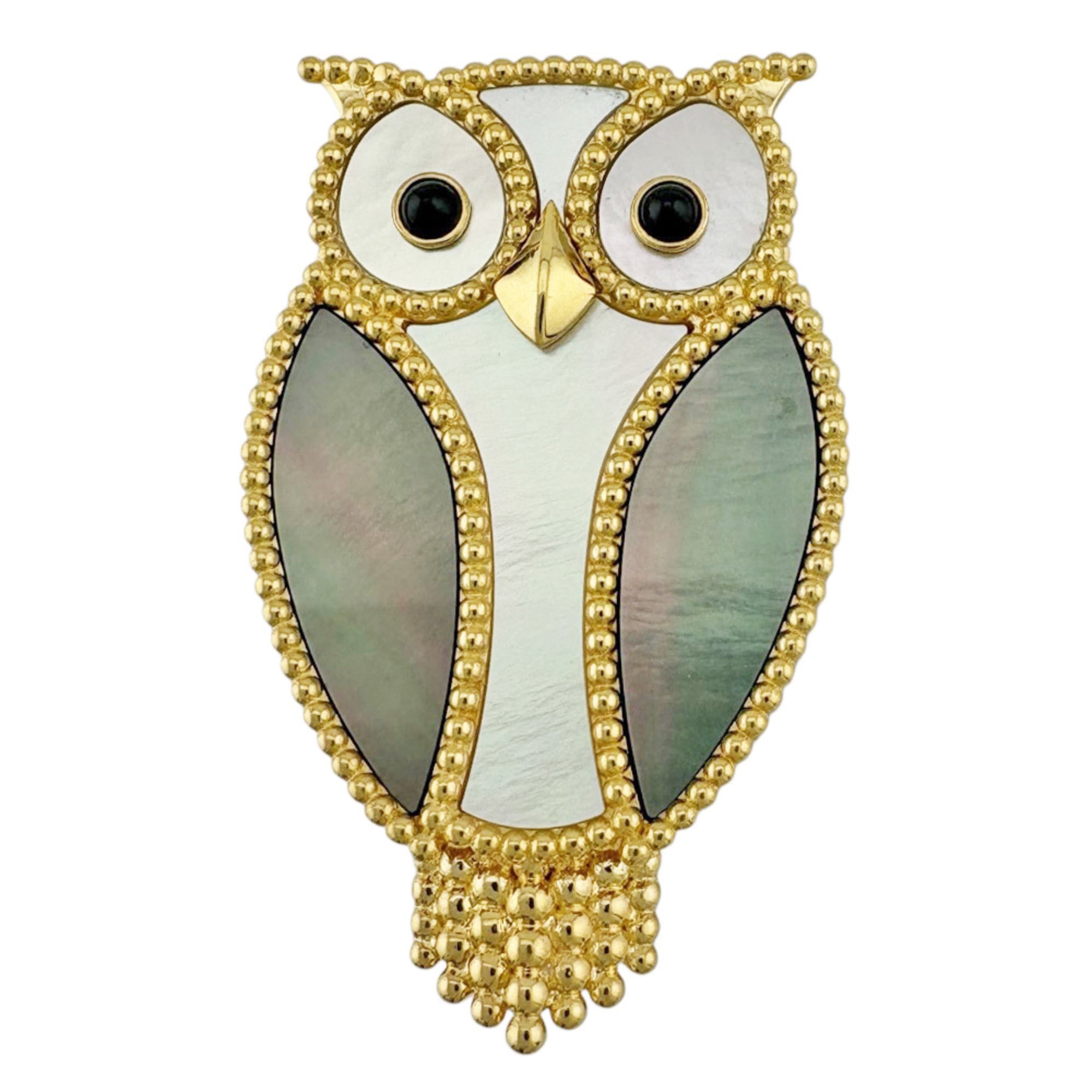 Van Cleef & Arpels Lucky Animals Owl Clip Brooch, 18K Gold, Mother-of-Pearl, Onyx, Men\'s Women\'s,
