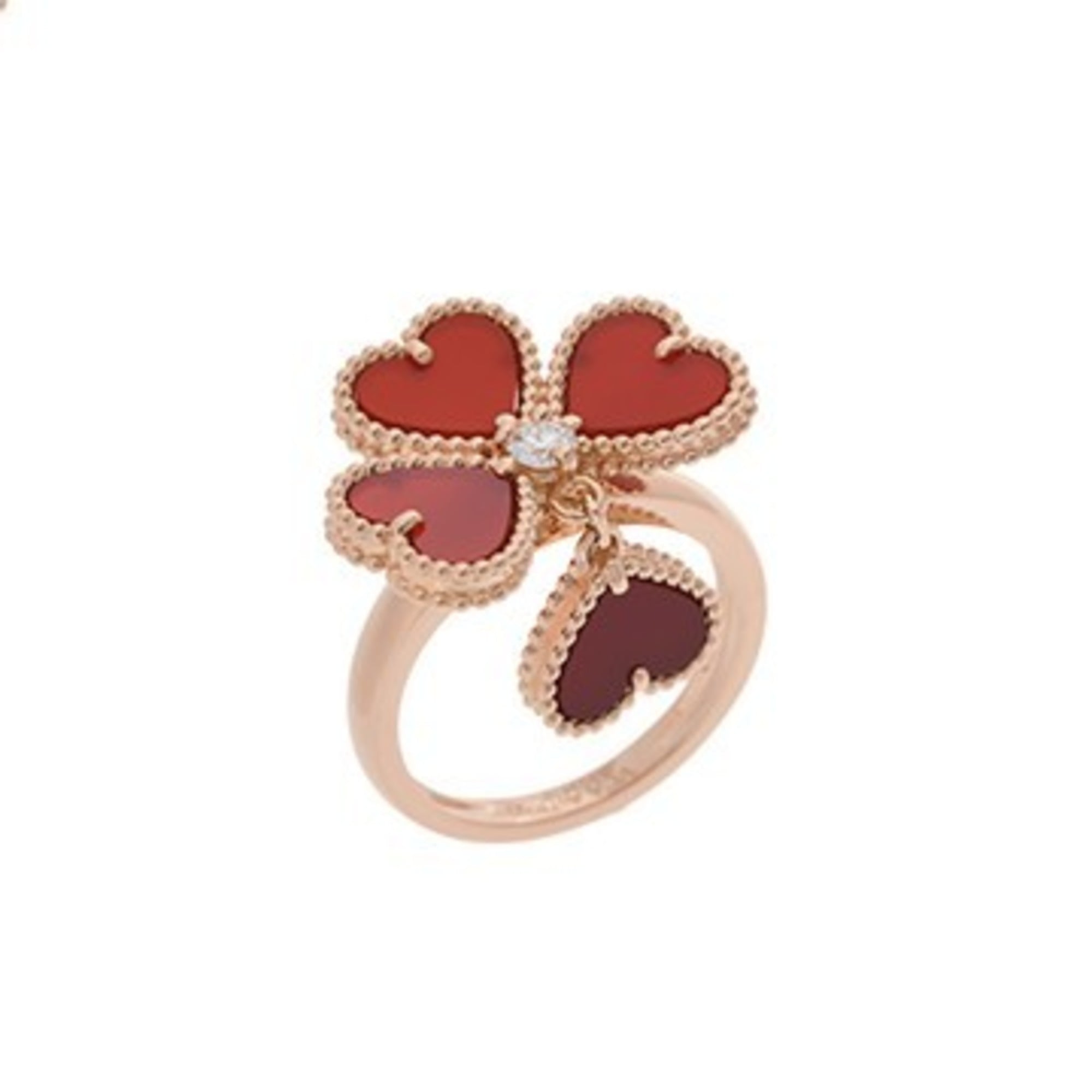 VAN CLEEF & ARPELS Sweet Alhambra Carnelian Diamond Ring, Size 47, Women\'s, 18K Pink Gold (PG), A-R
