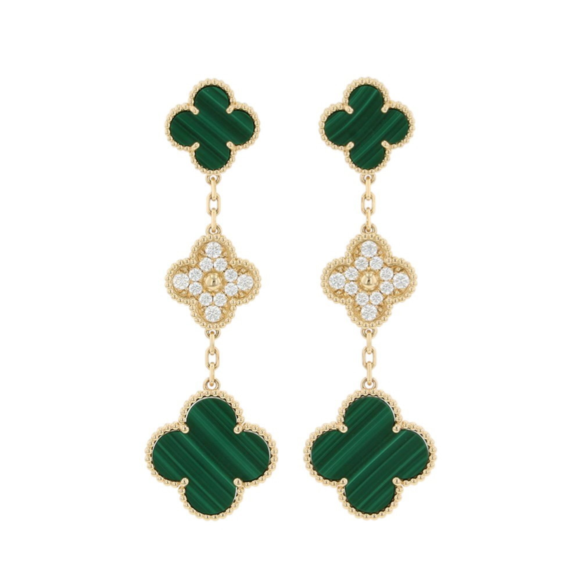 Van Cleef & Arpels Magic Alhambra Earrings, 3 Motifs, Malachite and Diamond, 24-Piece Set, 0.96ct To