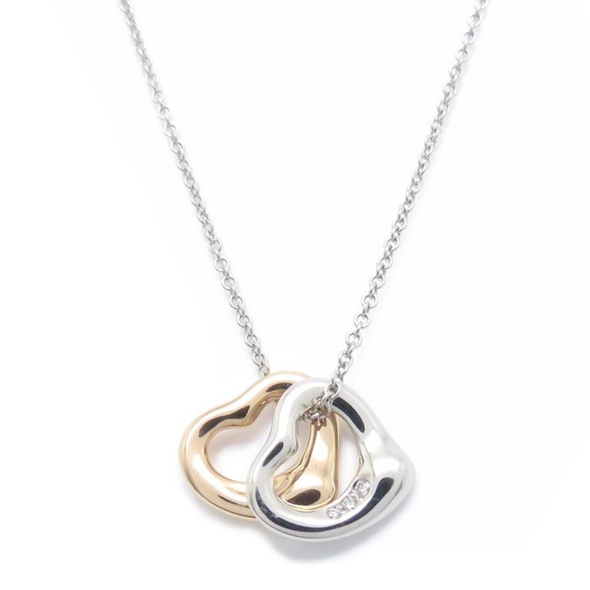 TIFFANY & Co. Elsa Peretti Double Heart Necklace with Diamonds, Pt950 Platinum and 18K Gold, Women\'