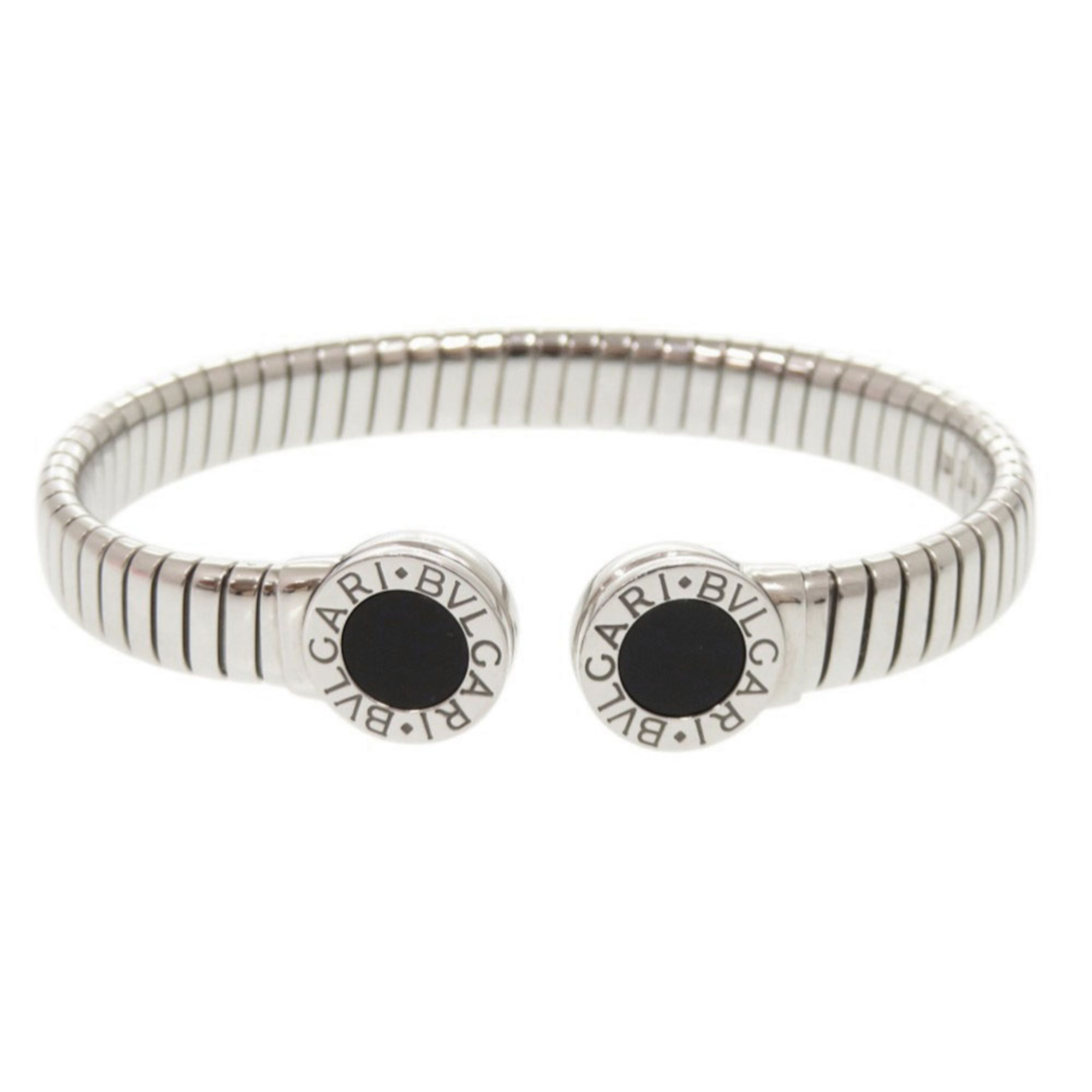 Excellent condition Bulgari Tubogas #M Stainless Steel Onyx Silver Bangle Bracelet Jewelry 1767BVLGA