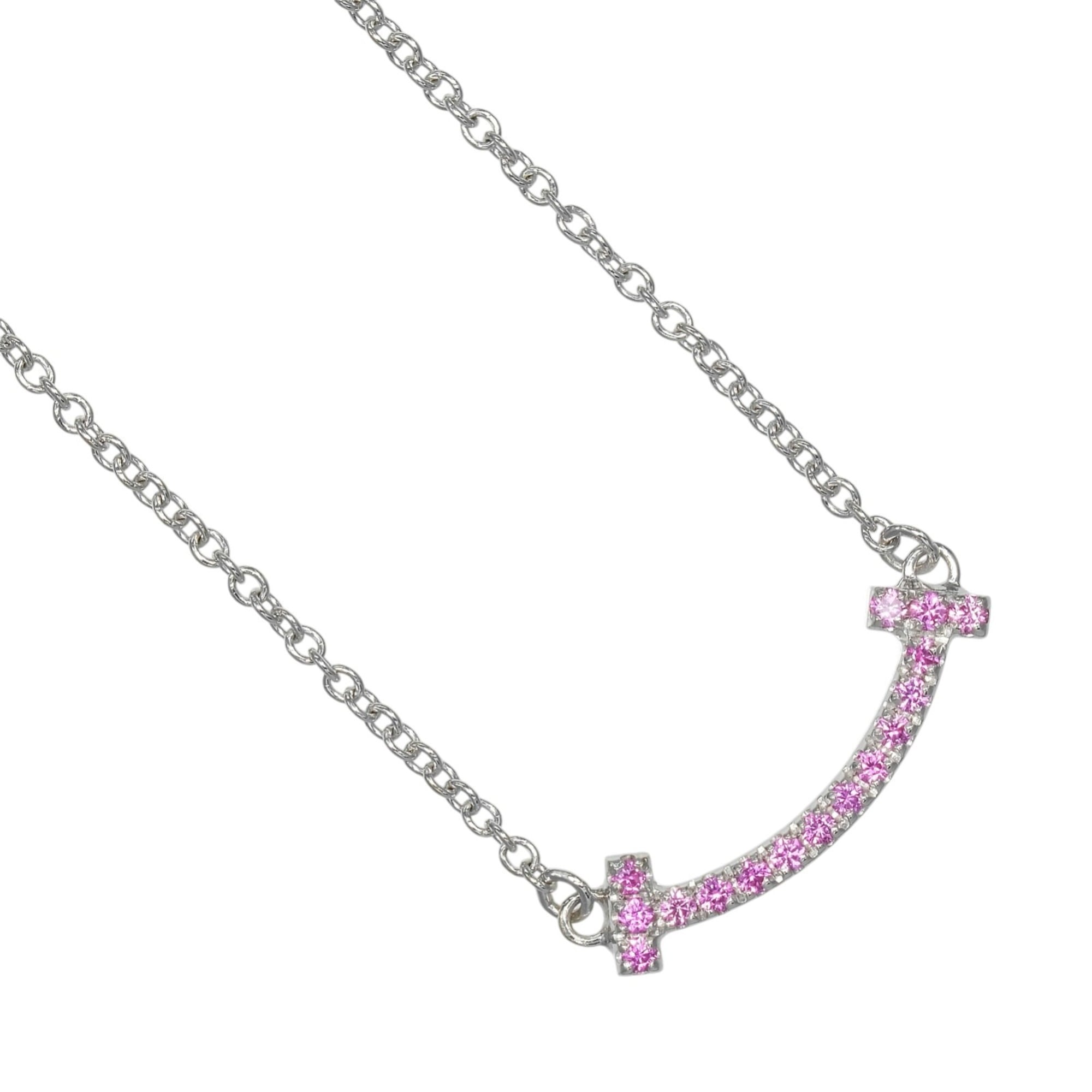 Tiffany & Co. T Smile Mini Necklace, 18K White Gold with Pink Sapphire, Approx. 2.4g.