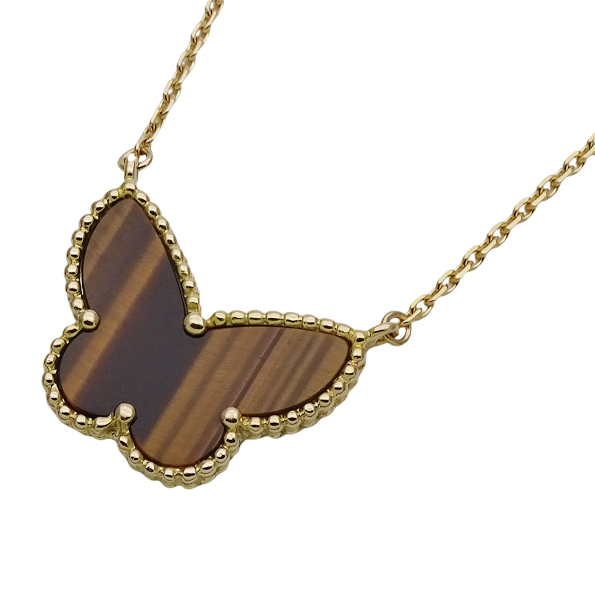 Van Cleef & Arpels Lucky Alhambra Papillon Necklace for Women, 750YG Tiger\'s Eye Yellow Gold, VCARD