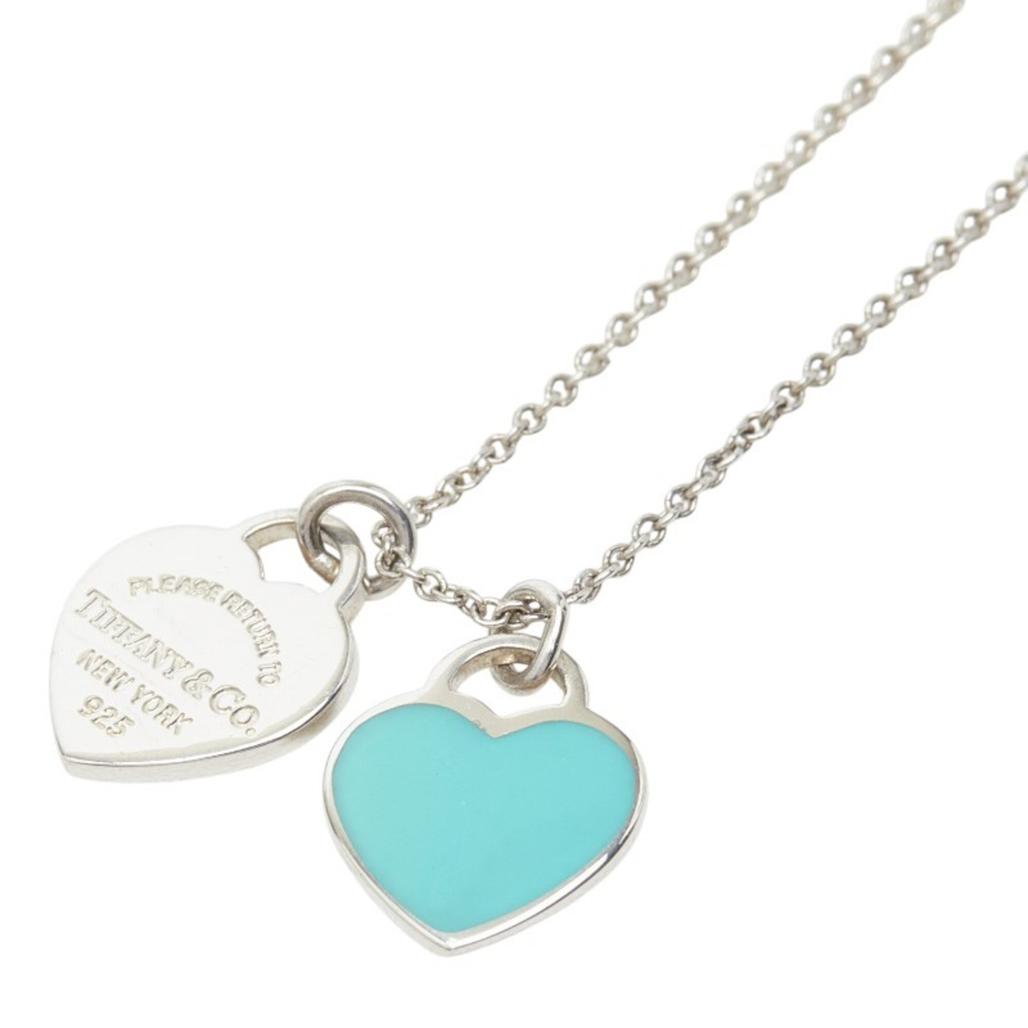 Tiffany & Co. Return to Blue Double Heart Tag Chain Pendant Necklace, SV925 Silver, Women\'s.