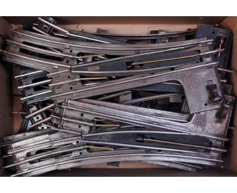 A box of Hornby 3-rail track including 3x parallel points, R/H point "Y point, 5 x L/H points, 2x Acute angle crossings and a