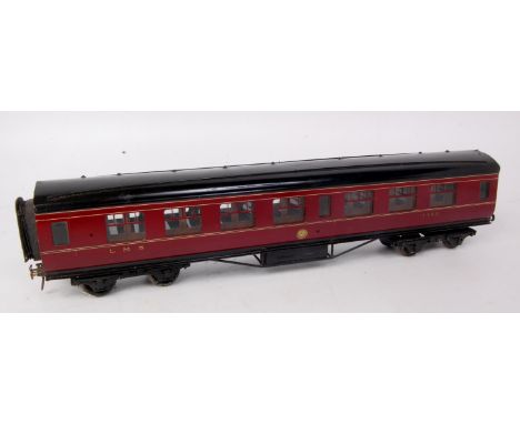 Exley maroon post war LMS corridor coach no. 1123, sides repainted, fitted with incorrect coarse scale bogies (F-GR-BF)