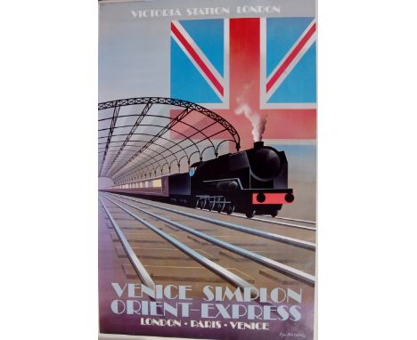 Fix Masseau 1981 print advertising the Venice Simplon Orient Express London-Paris-Venice, in the art deco manner depicting a 