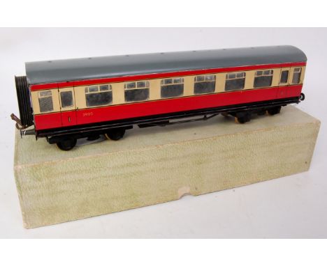 Bassett-Lowke post war blood & custard 1st class BR coach, roof repainted and fitted with fine scale wheels