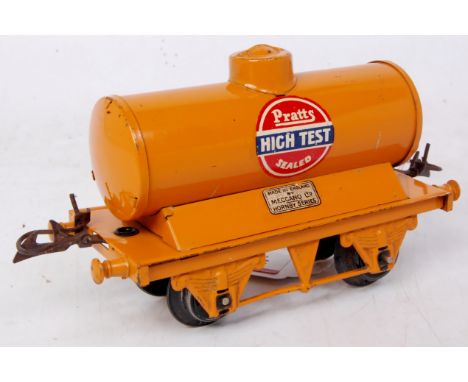 Hornby 1934-6 Pratts Petrol Tank Wagon, lighter orange, "High Test" (Round Logo), standard base with pressed filler, embossed