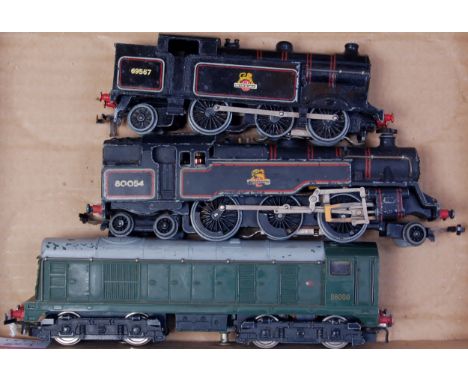 Hornby Dublo 3-rail gloss black 0-6-2 tank engine, 2-6-4 tank engine 80054, Bo-Bo type 1 diesel locomotive, all have varying 