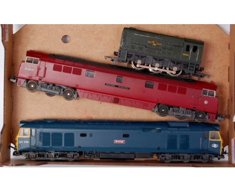 3 Lima diesel locomotives, BR green diesel shunter (G), BR maroon 'Western Gladiator' (G) and BR blue class 50 'Revenge' adhe