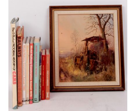 A small oil on board painting after P.Bradshaw 1974 showing derelict steam tractor, sold with 10 hard and soft cover books, r