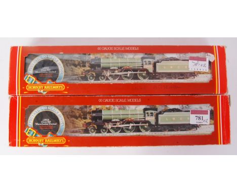 A Hornby R053 LNER green class B17 engine and tender 'Manchester United' (G-BF), and another repainted BR lined green 61648 '