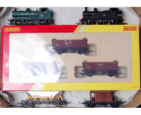 A Hornby R041 GWR green 0-6-0PT No. 8751 (G), a Tri-ang R52 BR Jinty 0-6-0T No. 47606 (GR), a Hornby Railroad R6367 coal wago