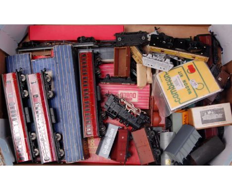 A delve, 3 Hornby Dublo D14 coaches, wagon bodies, wagons, continental outline 0-6-0 tank engine, Cambrian brake van kit, etc