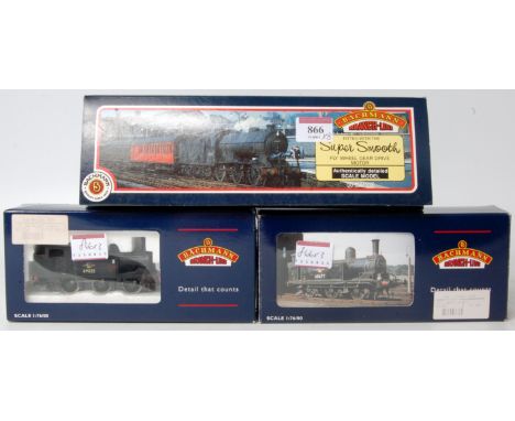 Bachmann 31-056 black class J72 tank engine (M-BM), another 31-057 LNER plain black (M-BM), 31-851 BR livery class J39 engine