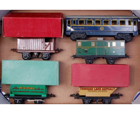 A small tray of 5 postwar Hornby items including LMS goods brake van (G-BG) No. 1 'Trinidad' rotary tipping wagon (G-BG), No.