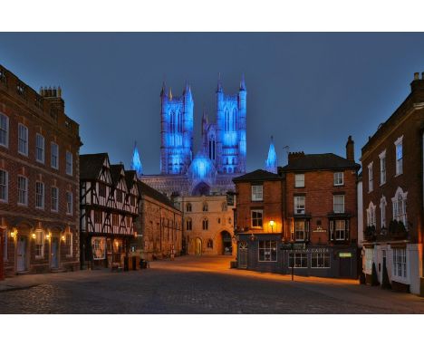 Terry Harris (by), Lincoln Cathedral, Giclée, fine art cotton 215 gsm, non embossed, 24" x 16". Lincoln Cathedral lights up b