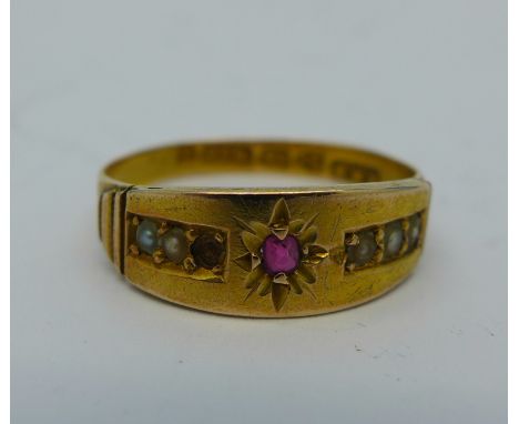 A 15ct gold, ruby and pearl ring, Chester 1883, 2.3g, N, lacking one pearl