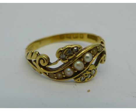 An 18ct gold, diamond and pearl ring, Chester 1900, 3g, Q