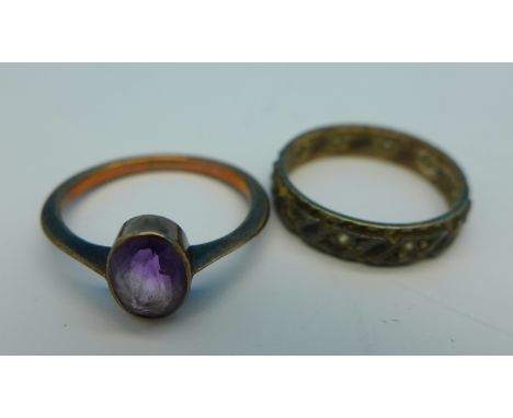 A 9ct gold and amethyst ring, 2.2g, P and a 9ct gold and silver ring, P