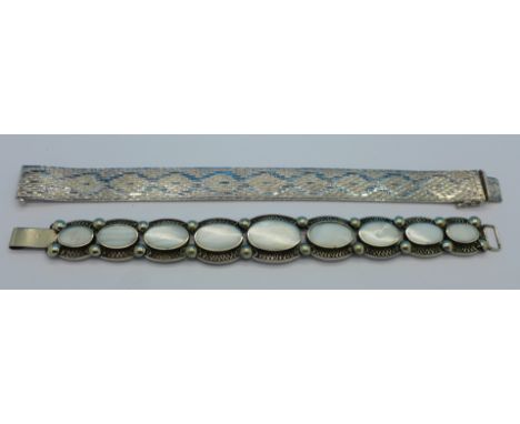 A pearl set panel bracelet and a silver snake skin pattern bracelet