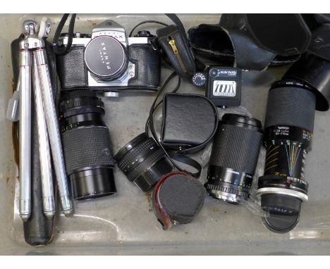 A Pentax Asahi 35mm film camera and six other lenses, light meter, etc.