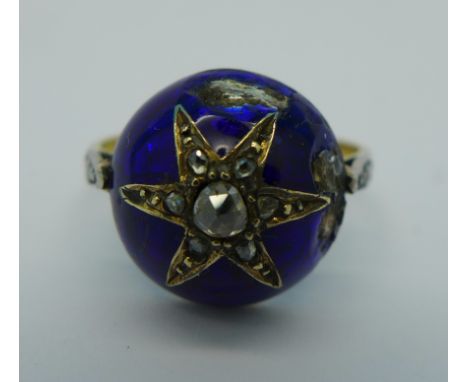 A diamond and enamel ring, enamel a/f, 3.4g, R
