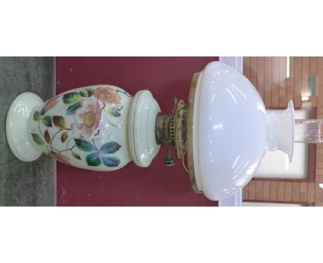 A painted glass oil lamp, Wright and Butler, Birmingham