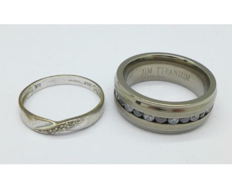 A 9ct white gold and diamond ring, 1.5g, P, and a 'Jim' titanium ring