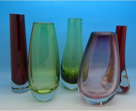 Five coloured glass vases including Whitefriars ruby red lobed vase, 17.5cm