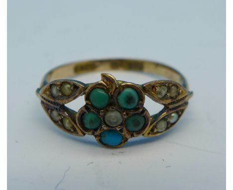 A late 19th/early 20th Century, 9ct gold, turquoise and seed pearl ring, 1.6g, L