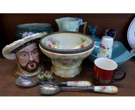 A Beswick Henry VIII character jug, a tube-lined planter with liner, a Staffordshire salad bowl, with plated rim and a pair o