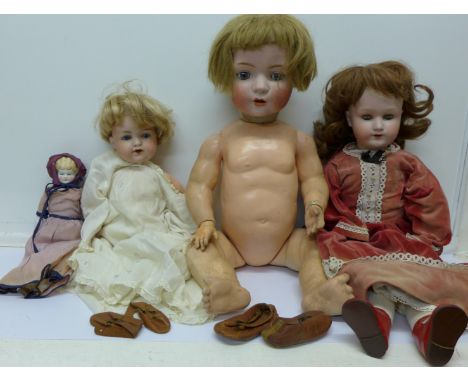 Four dolls, one head marked Armand Marseille A.3.M, a Heubach Koppelsdorf 250-3 doll, a/f, one other large doll, a/f and one 