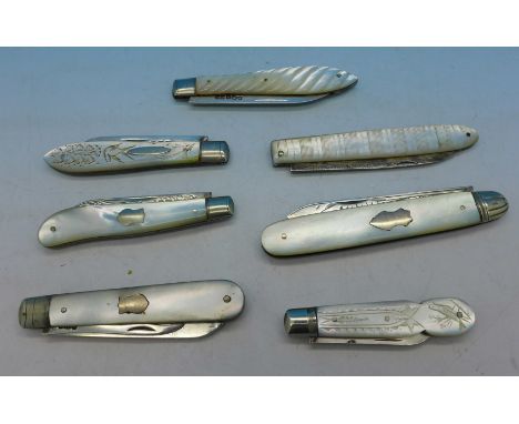 A collection of seven silver and mother of pearl pocket knives