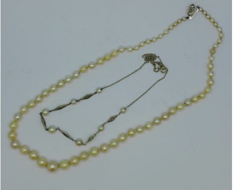 A 9ct white gold and pearl necklace, 3.9g and a 9ct gold and diamond set pearl necklace