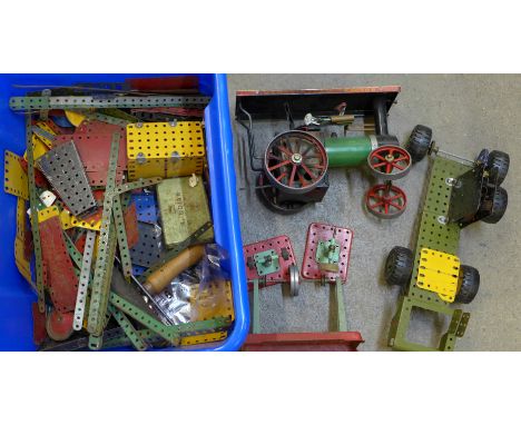 A Mamod TE1A steam engine, three Mamod stationary workshop tools and a collection of Meccano