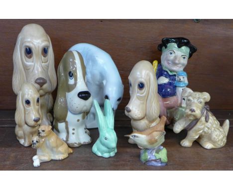 Animal figures; Beswick boxer dogs, Royal Worcester wren, Szeiler dog, a Jema polar bear and Sylvac and a Melba Mr. Punch (10