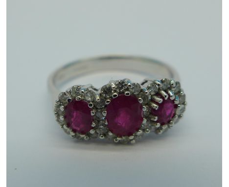 An 18ct white gold, diamond and ruby ring, 3.3g, N