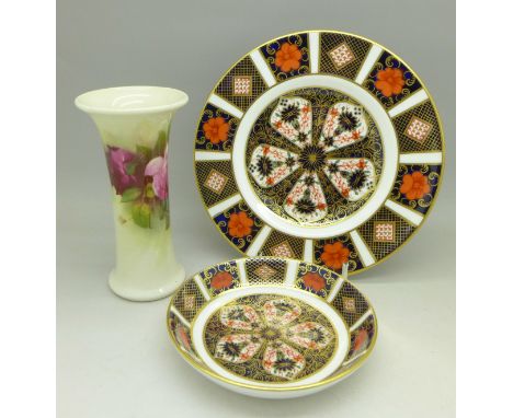 A Royal Worcester vase, a Royal Crown Derby 1128 tea plate and pin dish (3), vase 128mm