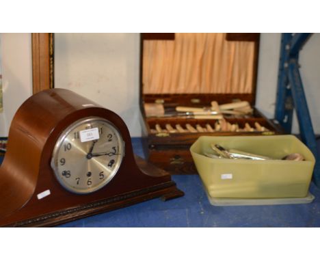 MAHOGANY CASED CHIMING MANTLE CLOCK &amp; QUANTITY VARIOUS CUTLERY     