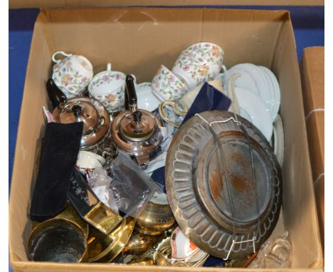 BOX WITH SMITHS POCKET WATCHES, WRIST WATCHES, COSTUME JEWELLERY, TEA WARE, VARIOUS BRASS WARE, EP TEA SERVICE ETC     