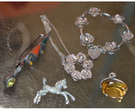 ORNATE SILVER FLOWER BRACELET WITH SIMILAR PENDANT, SILVER AGATE DIRK BROOCH, SILVER ENAMEL UNICORN BROOCH &amp; SILVER WATCH