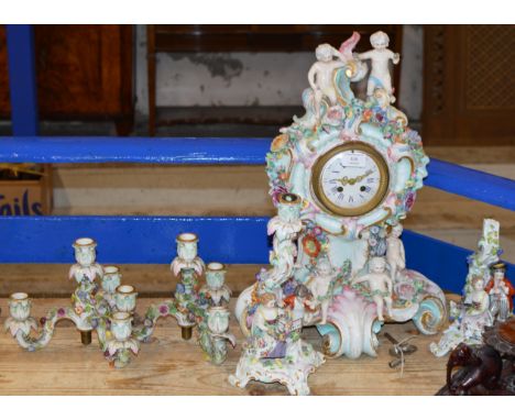 LARGE MEISSEN STYLE MANTLE CLOCK WITH PAIR OF SIMILAR FIGURAL CANDELABRAS - WITH DAMAGES     