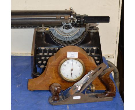 VINTAGE TYPEWRITER, MAHOGANY CASED MANTLE CLOCK &amp; RECORD WOOD PLANE     